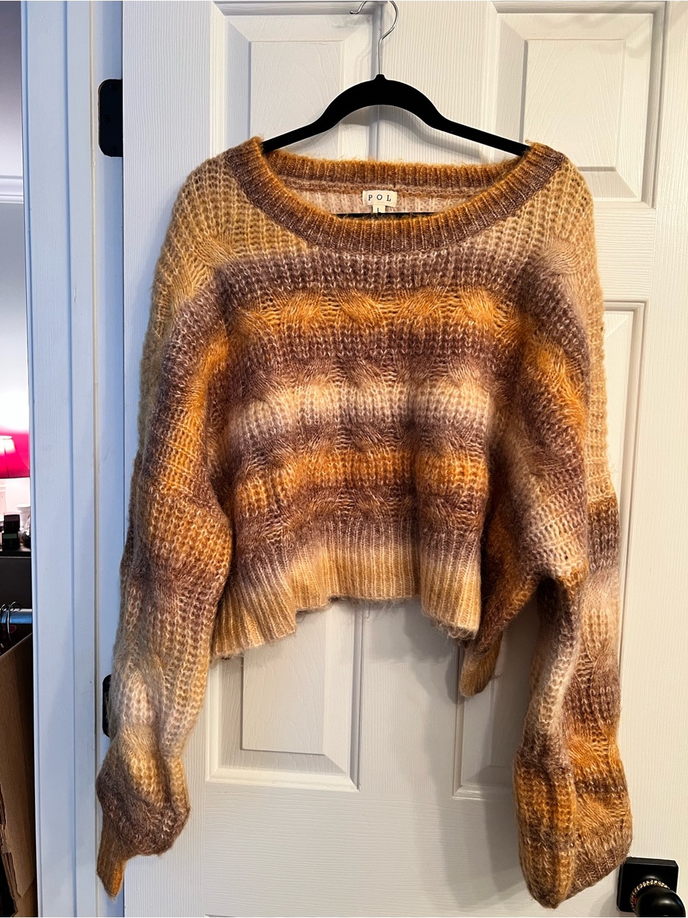 POL Striped Cropped Mohair-Blend Sweater in Yellow and Brown